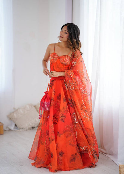 Orange Organza Corset Blouse Lehenga with Dupatta and Potli Bag