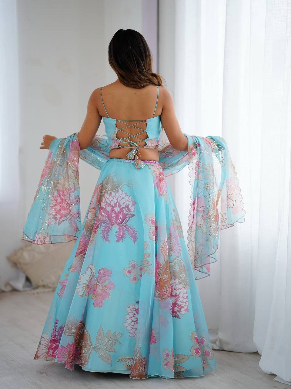 Sky Blue Organza Corset Blouse Lehenga with Dupatta and Purse