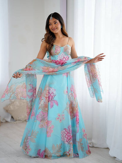 Sky Blue Organza Corset Blouse Lehenga with Dupatta and Purse