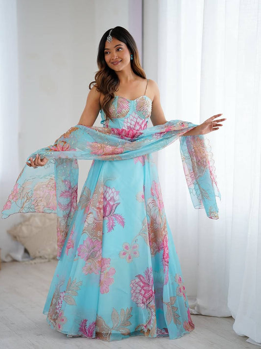 Sky Blue Organza Corset Blouse Lehenga with Dupatta and Purse