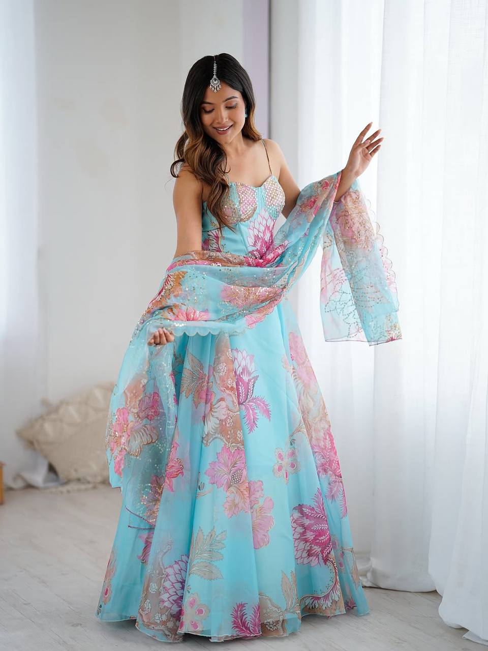 Sky Blue Organza Corset Blouse Lehenga with Dupatta and Purse