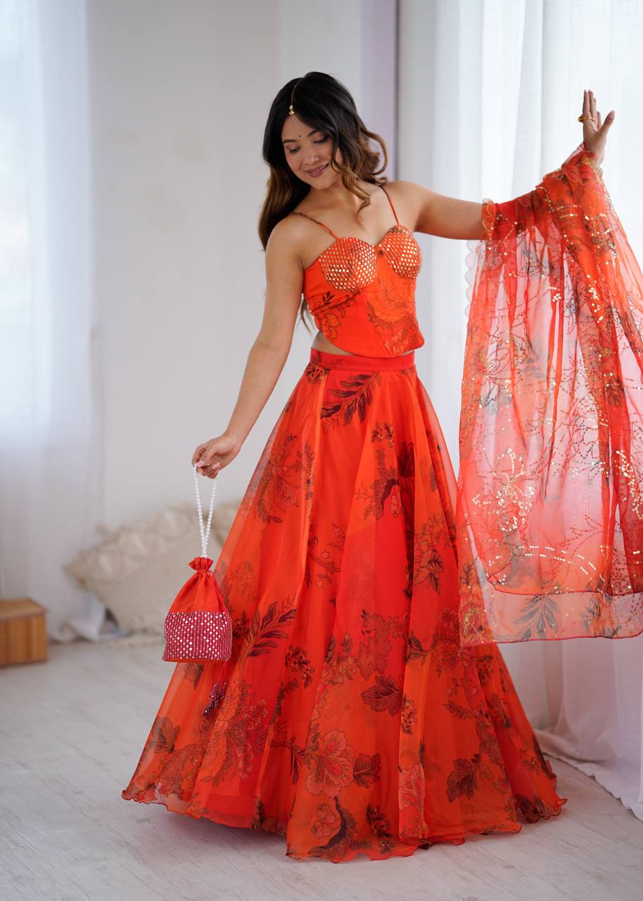 Orange Organza Corset Blouse Lehenga with Dupatta and Potli Bag