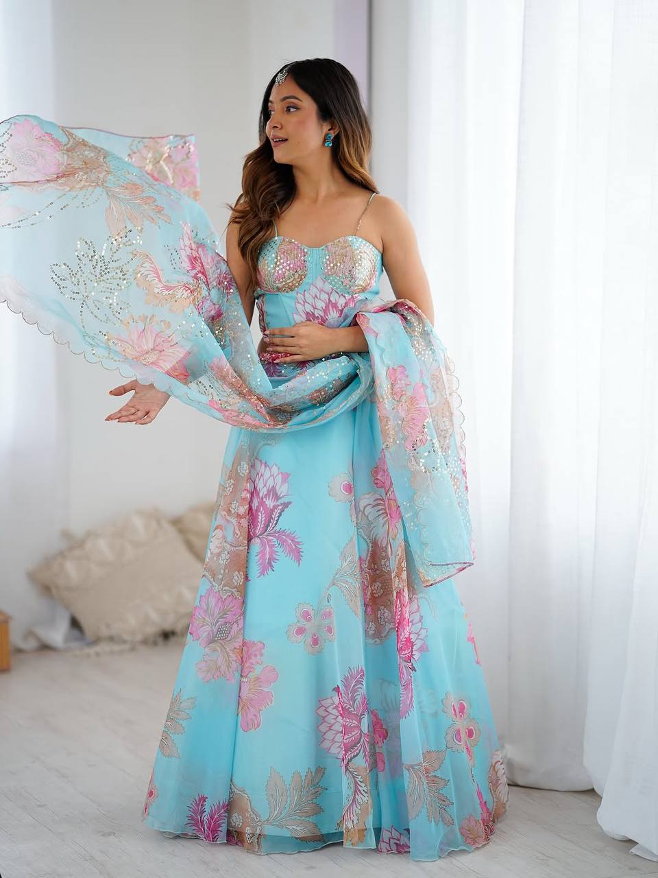 Sky Blue Organza Corset Blouse Lehenga with Dupatta and Purse