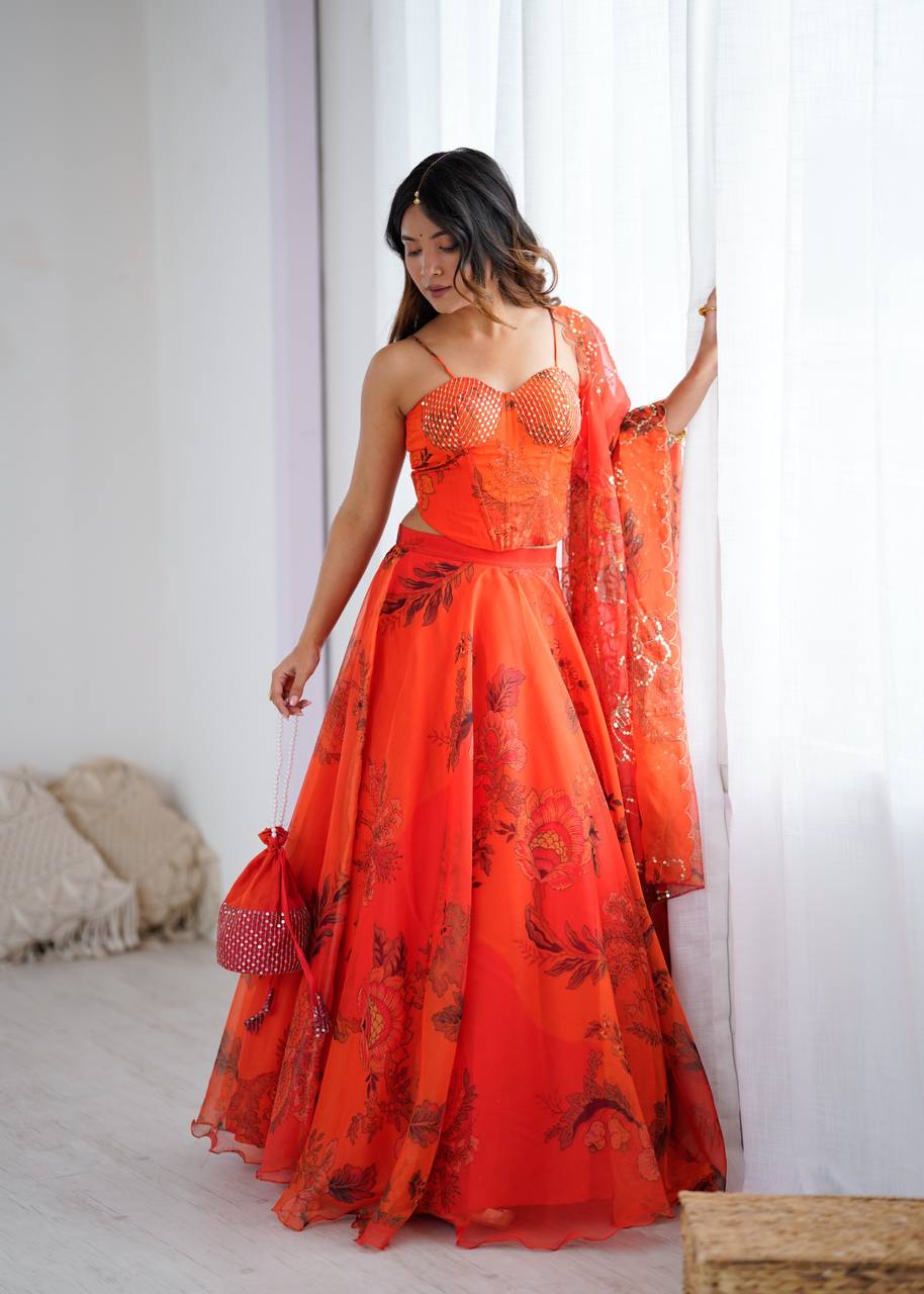 Orange Organza Corset Blouse Lehenga with Dupatta and Potli Bag