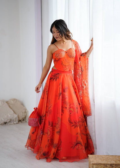 Orange Organza Corset Blouse Lehenga with Dupatta and Potli Bag