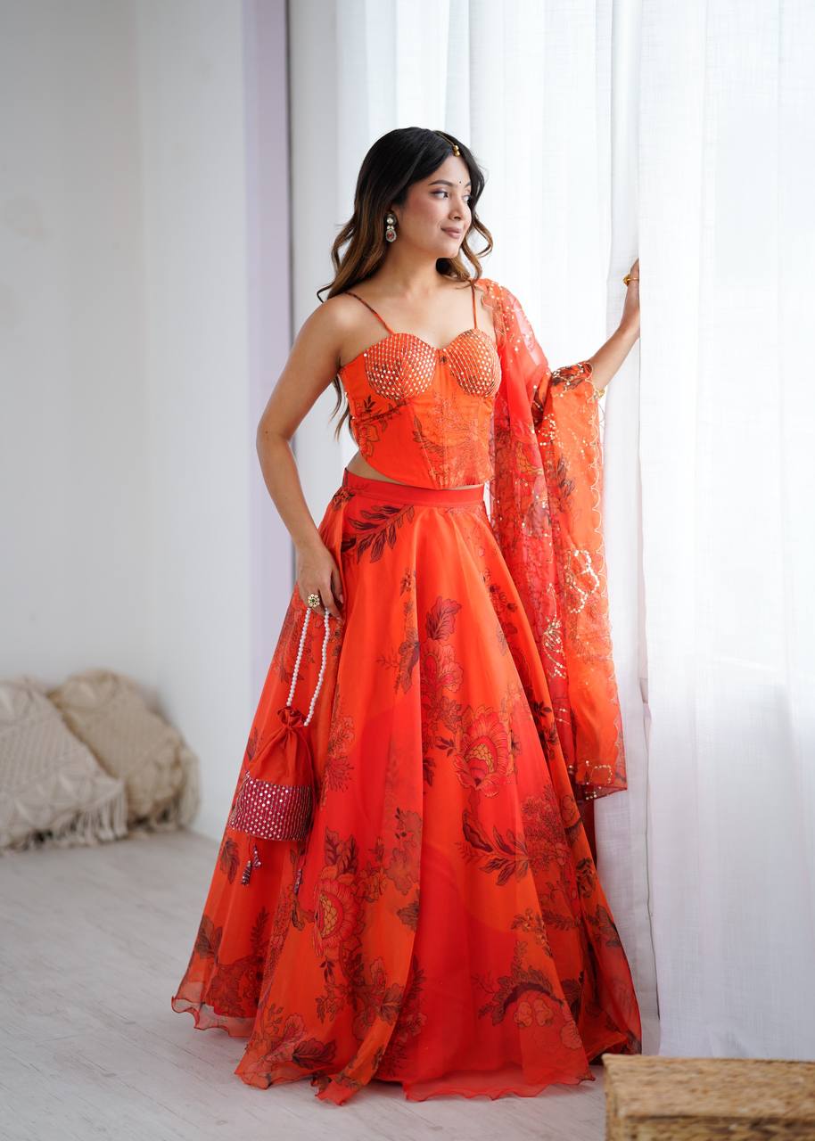 Orange Organza Corset Blouse Lehenga with Dupatta and Potli Bag