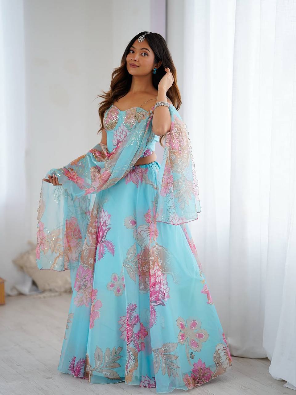 Sky Blue Organza Corset Blouse Lehenga with Dupatta and Purse