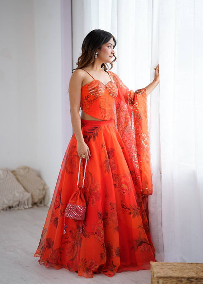 Orange Organza Corset Blouse Lehenga with Dupatta and Potli Bag