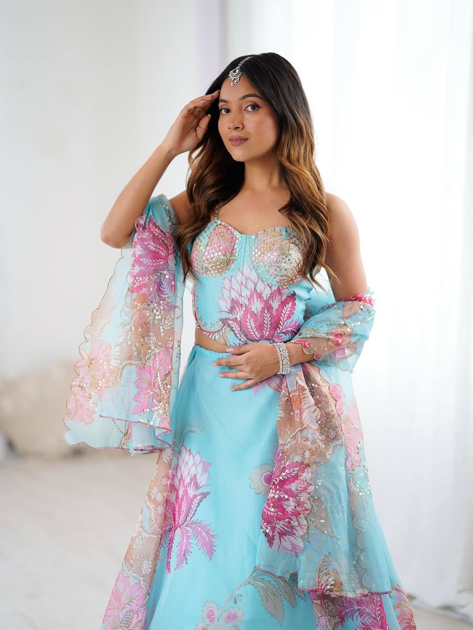 Sky Blue Organza Corset Blouse Lehenga with Dupatta and Purse