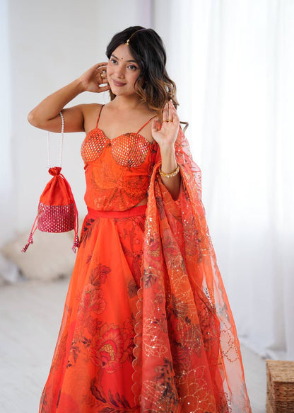 Orange Organza Corset Blouse Lehenga with Dupatta and Potli Bag