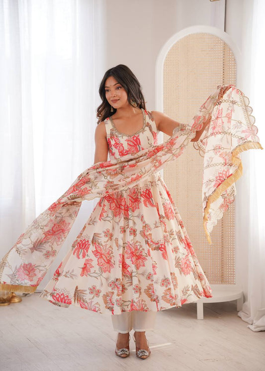 Ivory Floral Muslin Anarkali Set for Wedding, Mehendi & Festive Occasions
