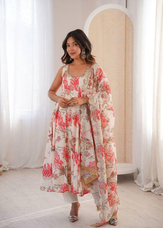 Ivory Floral Muslin Anarkali Set for Wedding, Mehendi & Festive Occasions