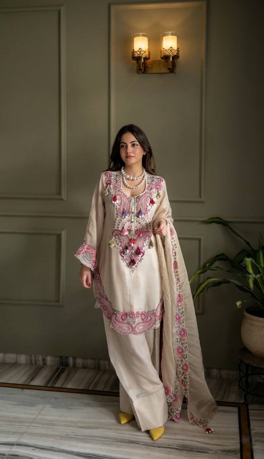 Luxury Cream Ethnic Kurti Farshi Set with Embroidered Dupatta