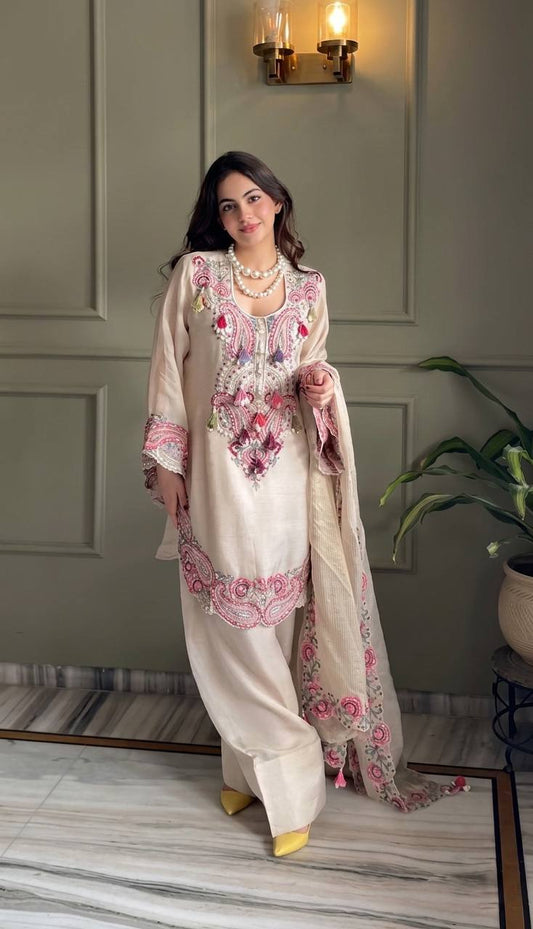 Luxury Cream Ethnic Kurti Farshi Set with Embroidered Dupatta