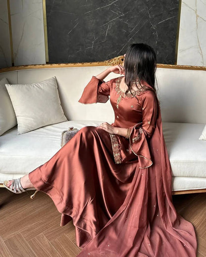 Designer Party Rust Brown Embroidered Crepe Silk Sharara Set with Dupatta