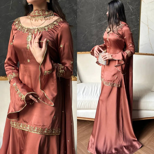 Designer Party Rust Brown Embroidered Crepe Silk Sharara Set with Dupatta
