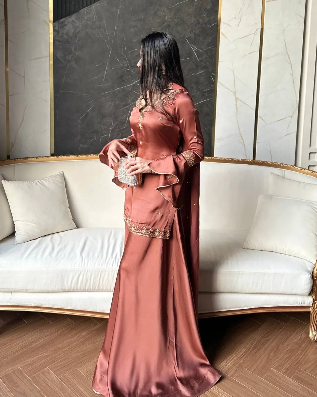 Designer Party Rust Brown Embroidered Crepe Silk Sharara Set with Dupatta