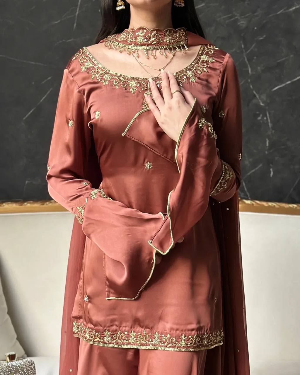 Designer Party Rust Brown Embroidered Crepe Silk Sharara Set with Dupatta