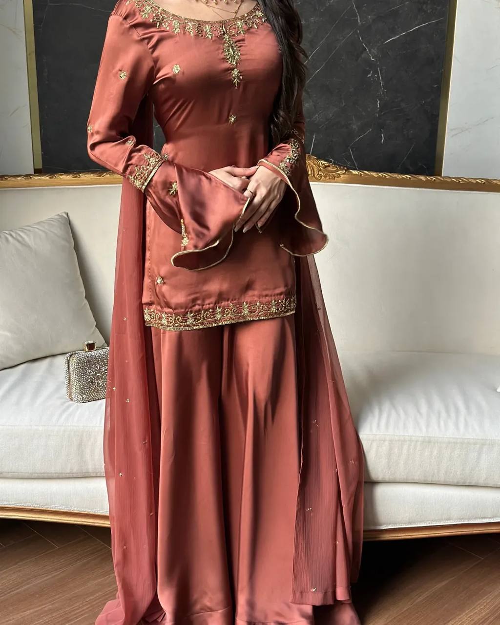 Designer Party Rust Brown Embroidered Crepe Silk Sharara Set with Dupatta