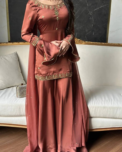 Designer Party Rust Brown Embroidered Crepe Silk Sharara Set with Dupatta