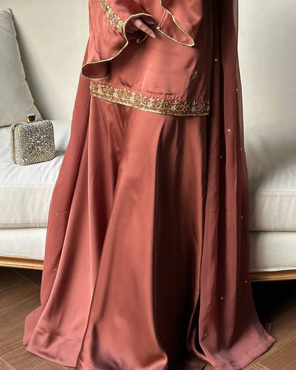 Designer Party Rust Brown Embroidered Crepe Silk Sharara Set with Dupatta