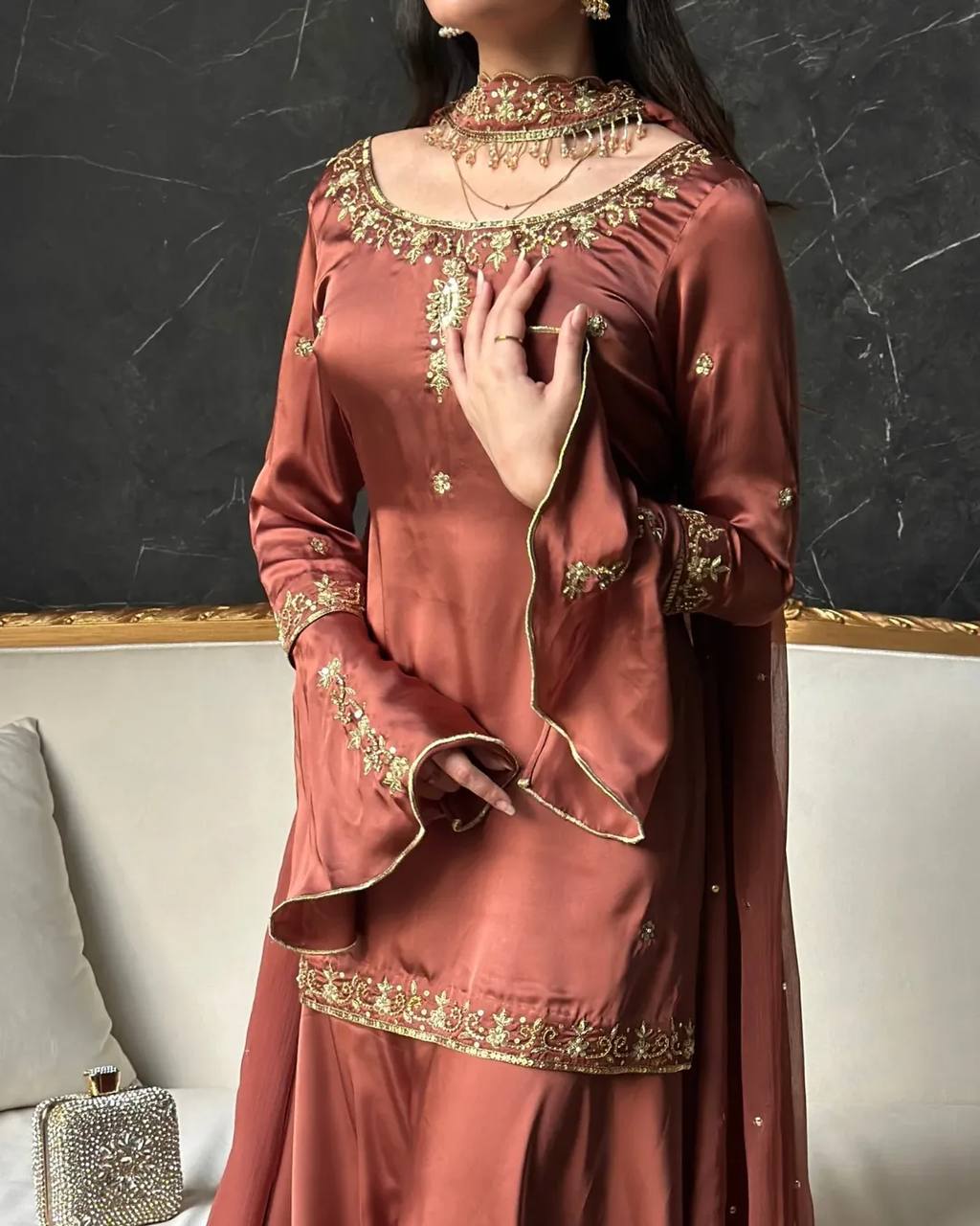 Designer Party Rust Brown Embroidered Crepe Silk Sharara Set with Dupatta