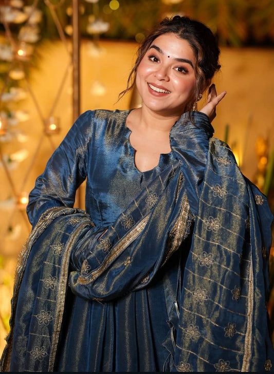 Designer Blue Anarkali Gown Set with Golden Work Dupatta