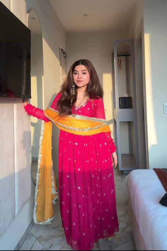 Elegant Pink Georgette Anarkali Set with Dupatta Border Work