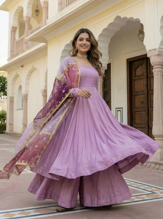 Lavender Silk Anarkali Suit with Embroidered Multi-Shade Dupatta