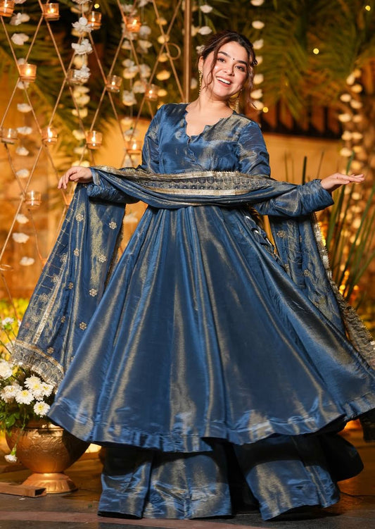Designer Blue Anarkali Gown Set with Golden Work Dupatta