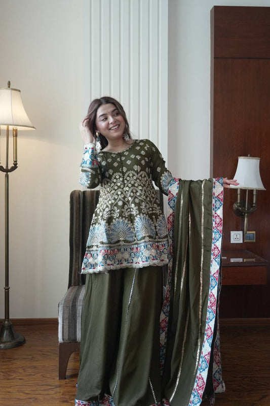Olive Green Chinon Sharara Suit with Heavy Sequence Embroidery & Designer Dupatta