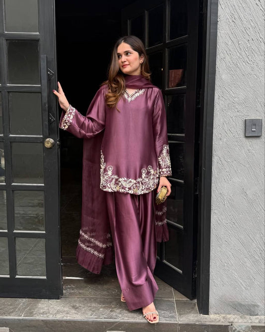 Designer Ethnic Wine Purple Farshi Salwar Suit with Embroidery Work