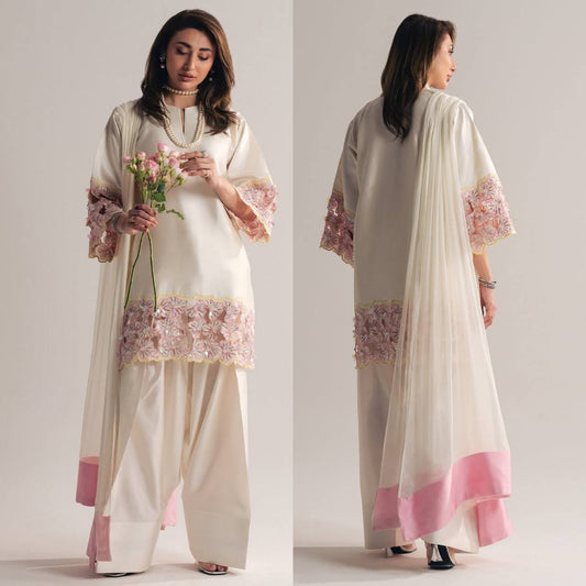Off White Crepe Silk Farshi Salwar Suit with Pink Embroidery & Organza Dupatta