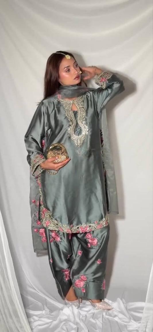 Steel Grey Japan Satin Farshi Salwar Suit with Embroidery Sequence Work Kurti