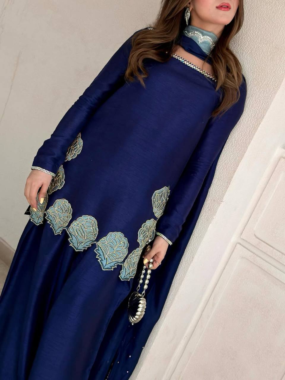 Navy Blue Farshi Salwar Suit with Embroidery & Chiffon Dupatta