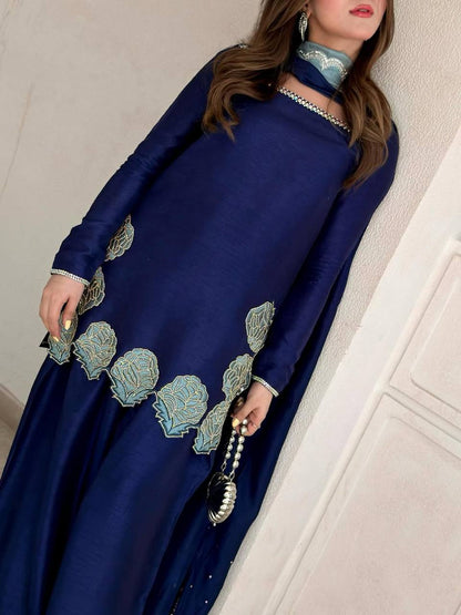 Navy Blue Farshi Salwar Suit with Embroidery & Chiffon Dupatta