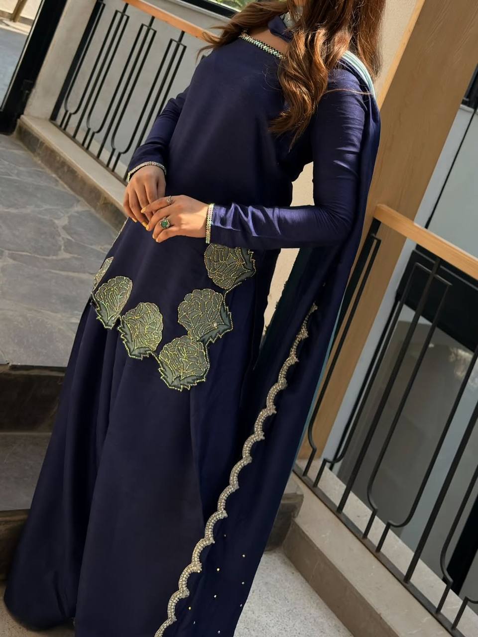 Navy Blue Farshi Salwar Suit with Embroidery & Chiffon Dupatta
