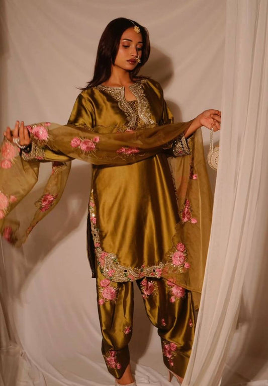 Mustard Yellow Japan Satin Farshi Salwar Suit with Embroidery Sequence Work Kurti