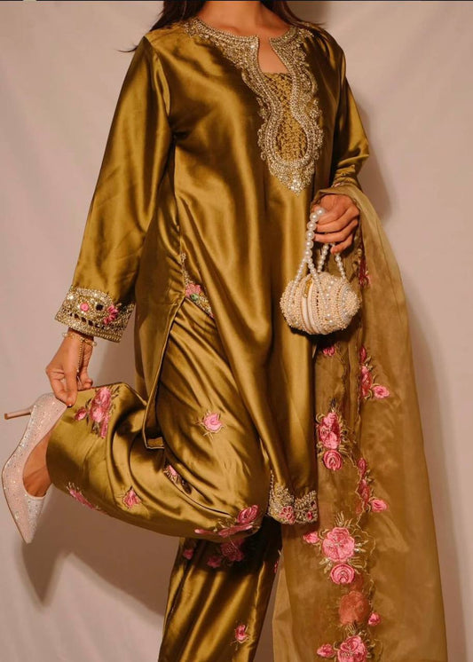 Mustard Yellow Japan Satin Farshi Salwar Suit with Embroidery Sequence Work Kurti