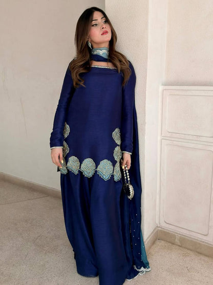 Navy Blue Farshi Salwar Suit with Embroidery & Chiffon Dupatta