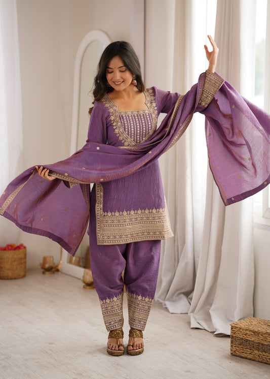 Purple Silk Farshi Salwar Suit with Heavy Embroidery Dupatta