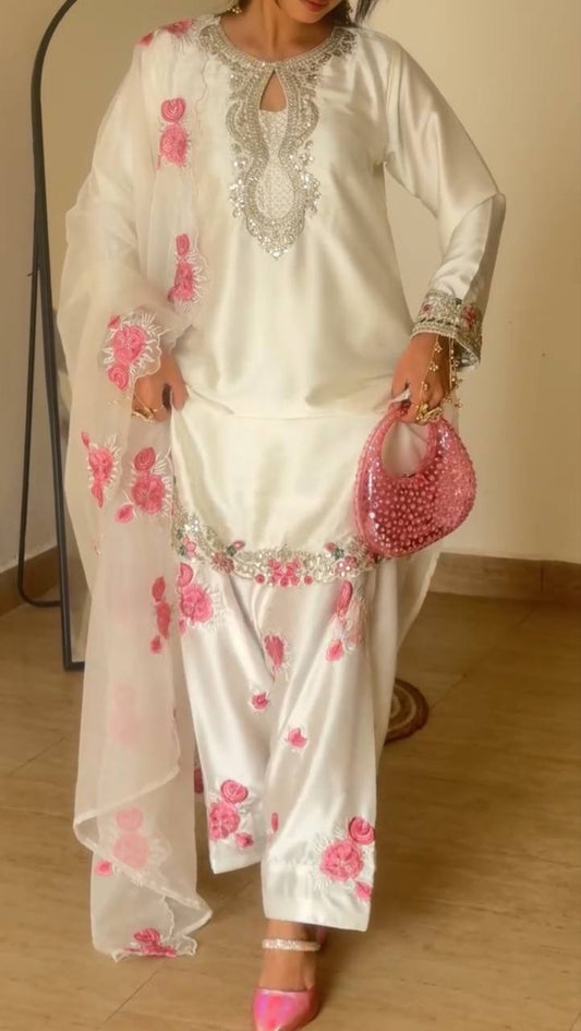 Cream Japan Satin Farshi Salwar Suit with Embroidery Sequence Work Kurti