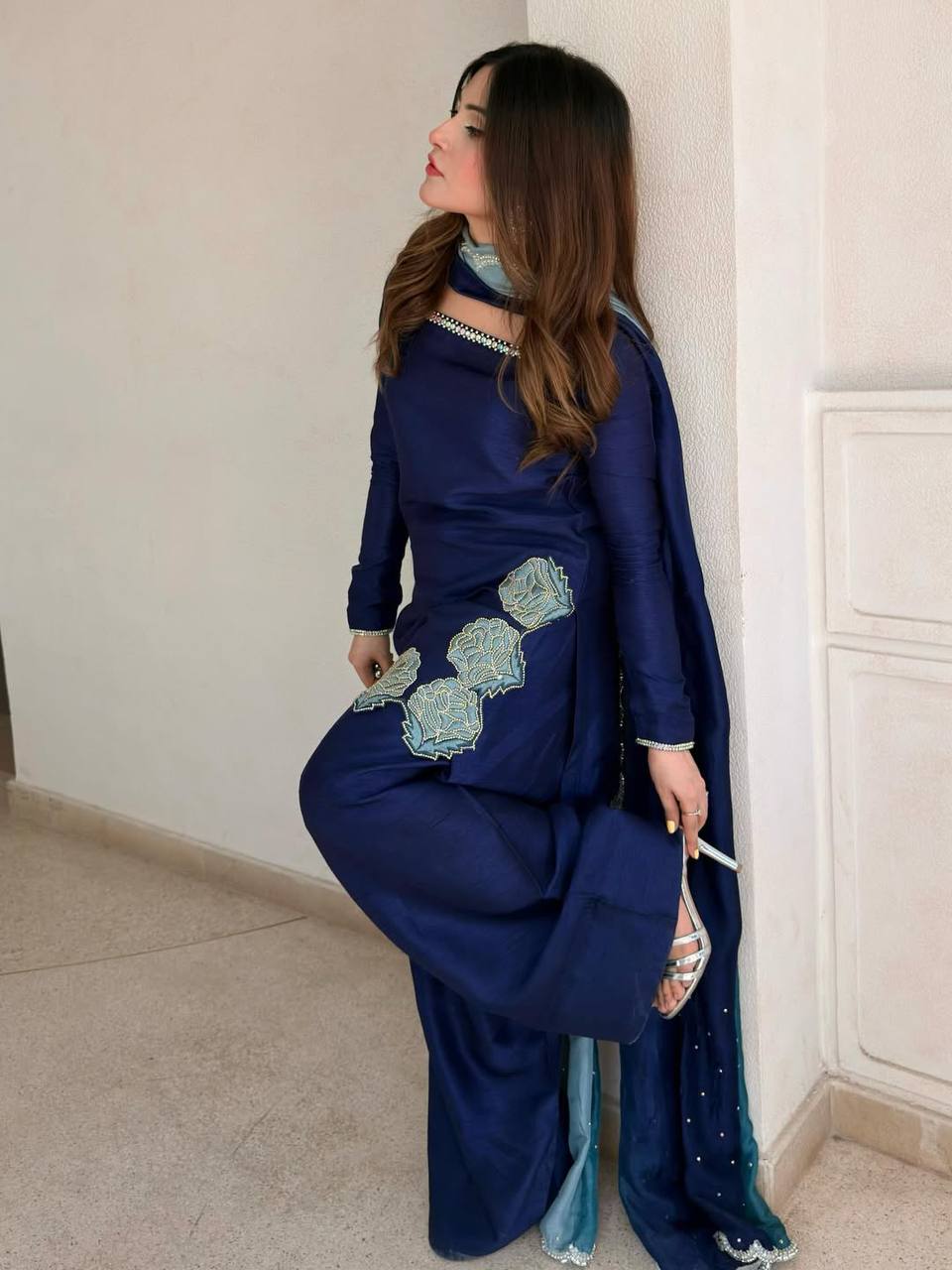 Navy Blue Farshi Salwar Suit with Embroidery & Chiffon Dupatta