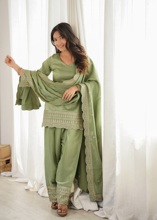 Sage Green Silk Farshi Salwar Suit with Embroidered Kurti & Dupatta