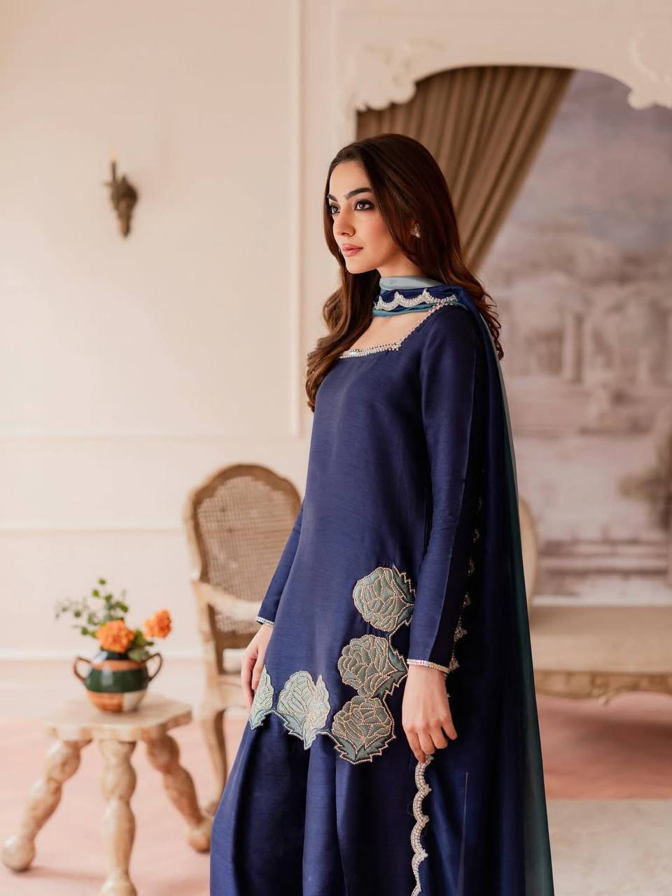 Navy Blue Farshi Salwar Suit with Embroidery & Chiffon Dupatta