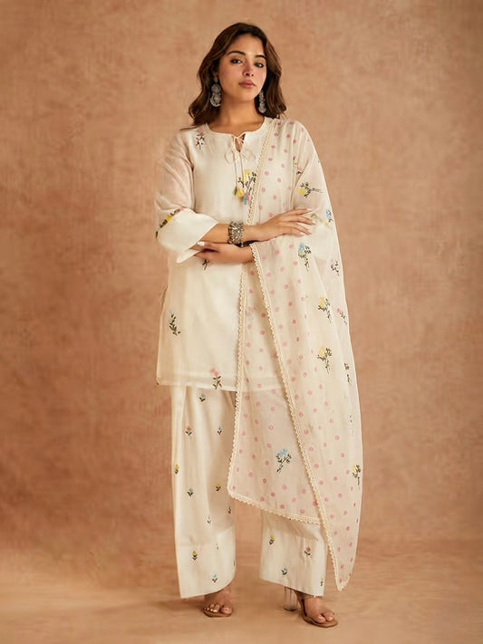 Cream Cotton Silk Kurta Set with Farshi Salwar & Organza Dupatta