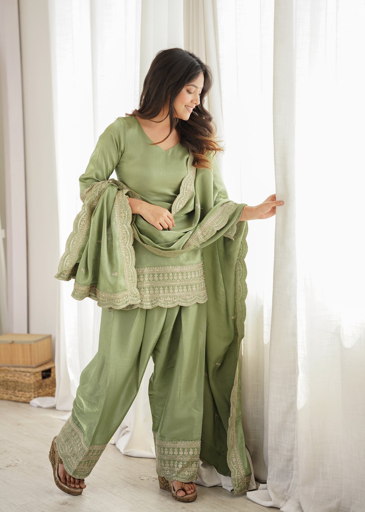 Sage Green Silk Farshi Salwar Suit with Embroidered Kurti & Dupatta