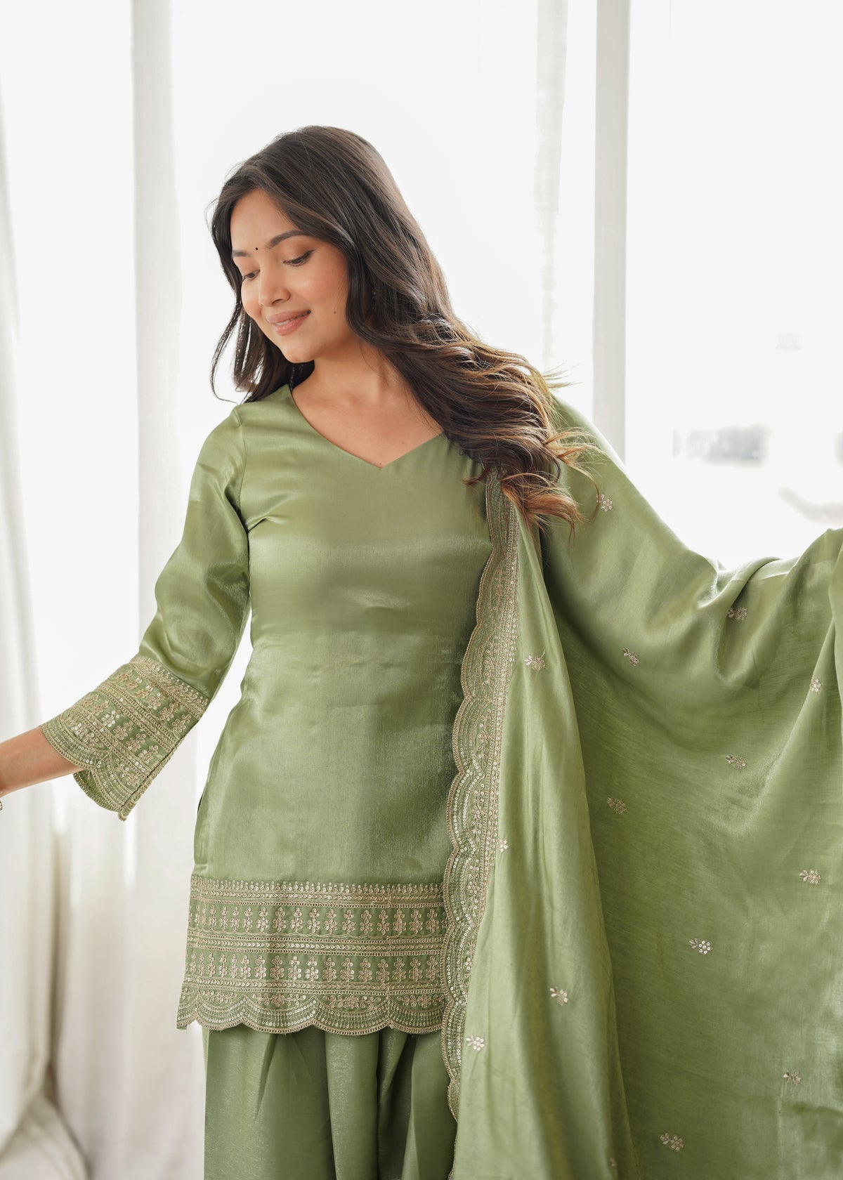 Sage Green Silk Farshi Salwar Suit with Embroidered Kurti & Dupatta