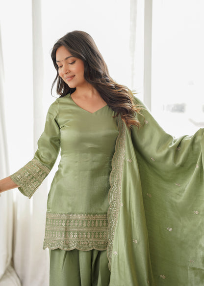 Sage Green Silk Farshi Salwar Suit with Embroidered Kurti & Dupatta