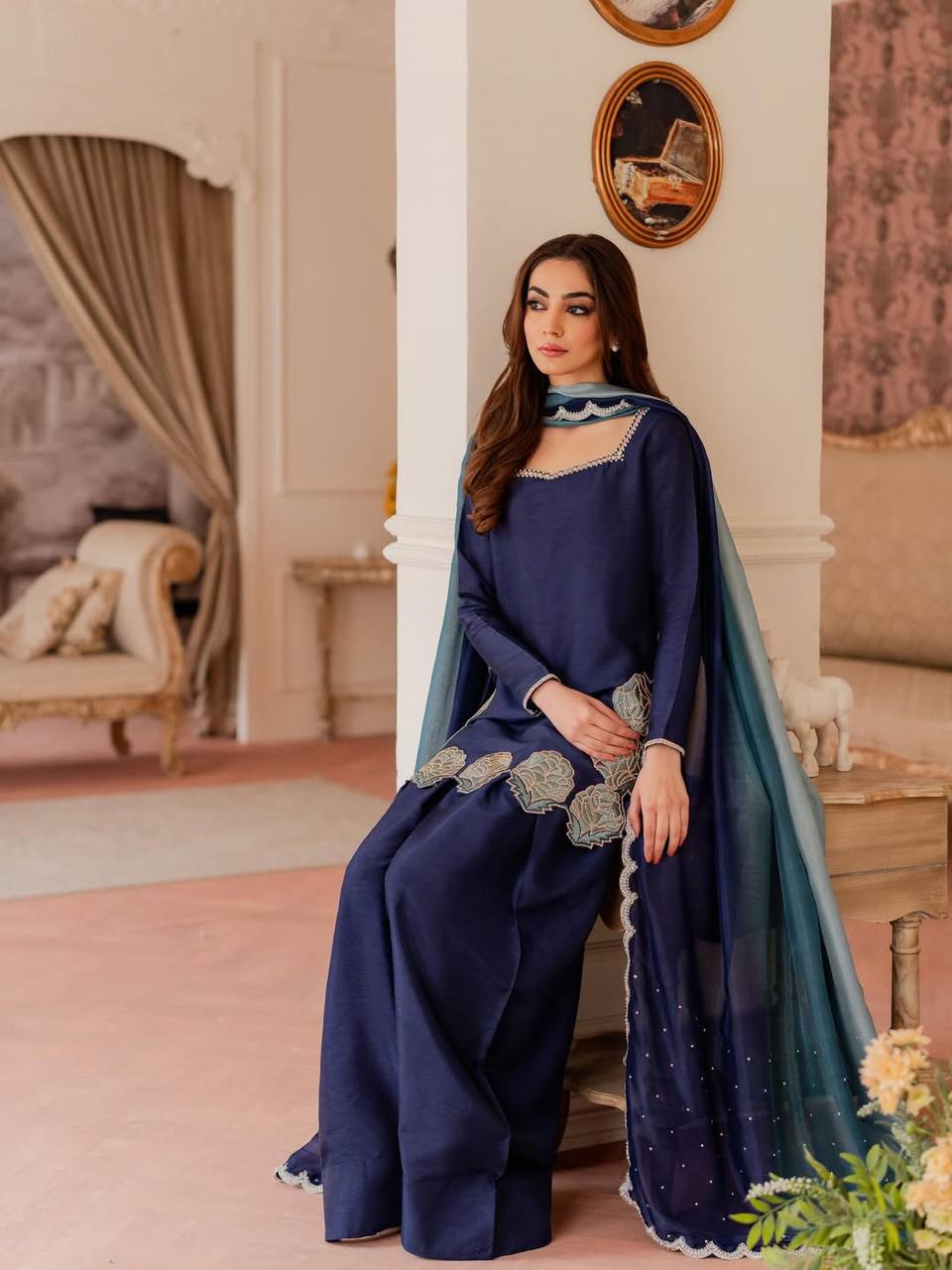 Navy Blue Farshi Salwar Suit with Embroidery & Chiffon Dupatta
